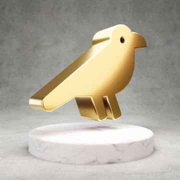 Crow icon. Shiny golden Crow symbol on white marble podium. Stock Illustration