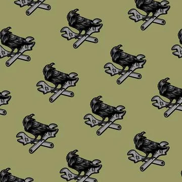 Crow pattern and wrench brown background Stock Illustration