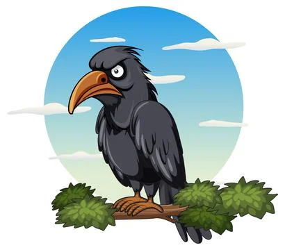 Crow perching on tree branch in cartoon style Stock Illustration