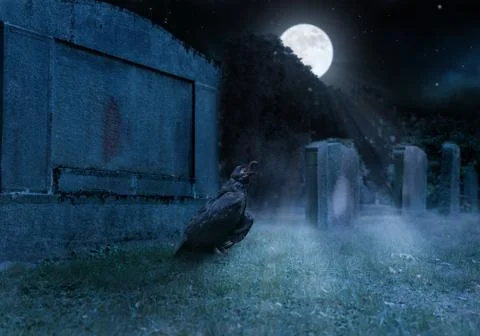 A crow sits on a cemetry in front of a gravestone Stock Photos