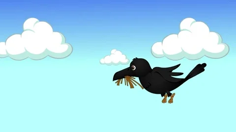 A crow soars through the sky clutching dry grass in its beak Stock Footage 303633906