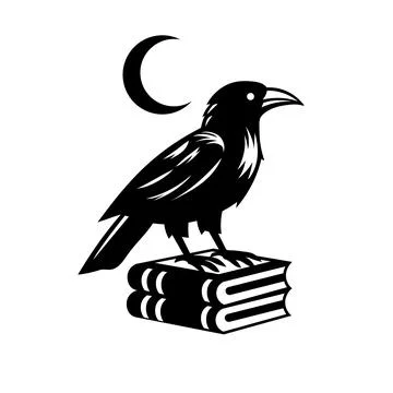 A crow standing on a book with a moon Illustrazione stock