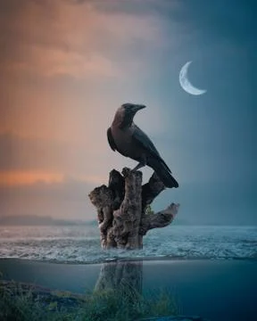 Crow standing on tree branch floating on sea evening moon underwater fantasy Stock Photos