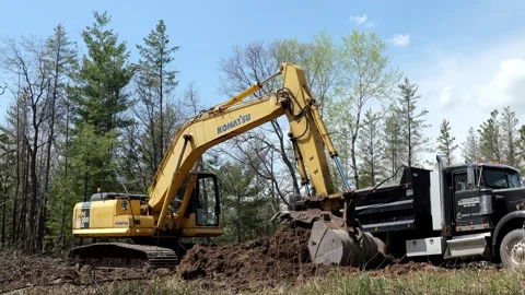 CROW WING CO, MN  11 MAY 2023: Excavator loads dirt into dump truck. Video stock 251059030