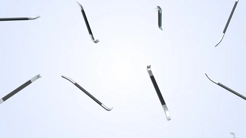 Crowbars Falling on a Light Blue Background. Metal Lever 3D Animation. 4K Stock Footage 301002161
