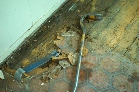 Crowbars tools are on the old floor. Stock Photos
