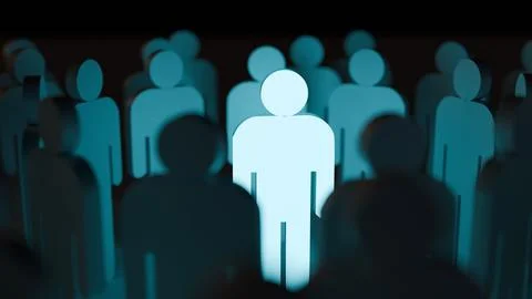 A crowd of abstract human figures and the central figure is glowing. Stock Illustration