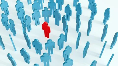A crowd of abstract human figures and red figure in the center of the crowd Stock Illustration