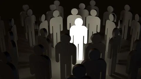 A crowd of abstract human figures and the central figure is glowing. Stock Illustration