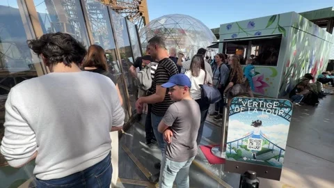 Crowd of adults queuing under Eiffel Tower in Paris Stock Footage 334107670