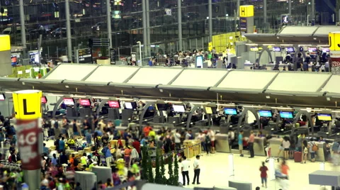 Crowd at Airport Check In Counter Hall Stock Footage