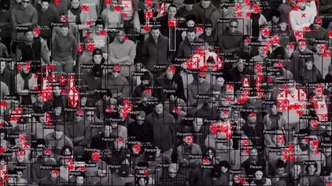 Crowd analysis using red labels and frames. Object detection failure. Stock Footage 320937726
