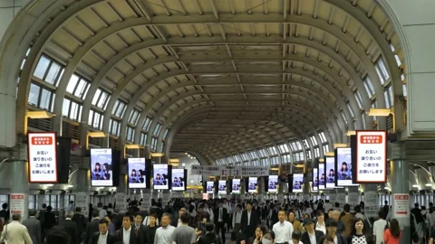 Crowd and advertising in a large hall of a subway station in Tokyo, Japan Stock Footage 212588078