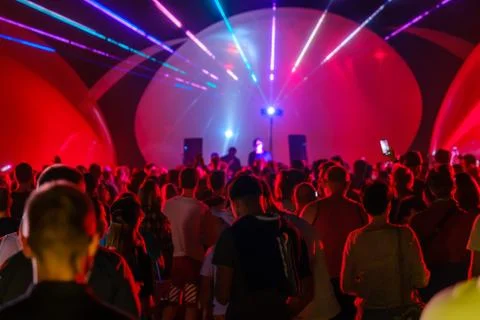 Crowd and DJs dancing during party Stock Photos