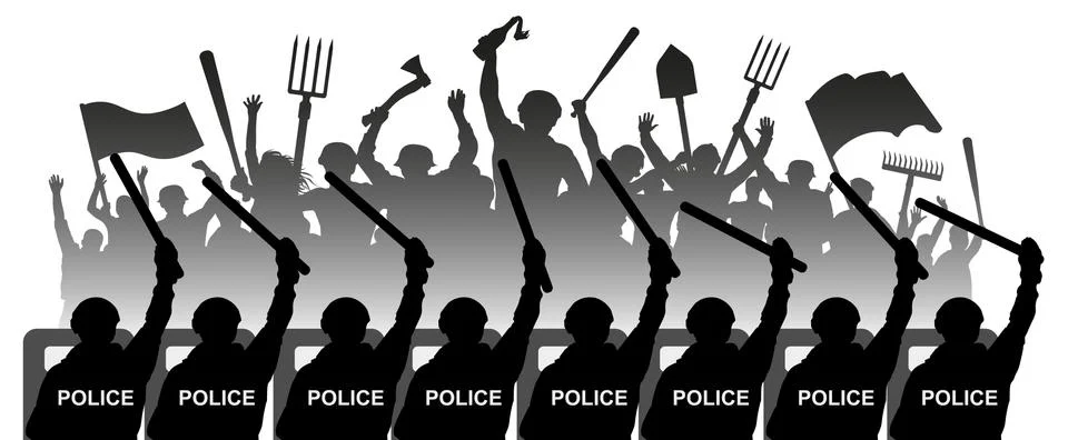 Crowd of angry people. Protestants clash with riot police. Revolution Stock Illustration