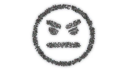 Crowd animation forming an angry face emoticon shape on a white background Stock Footage