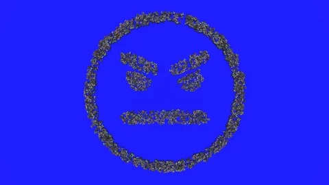 Crowd animation forming an angry face emoticon shape on a blue background 스톡 동영상 93648040