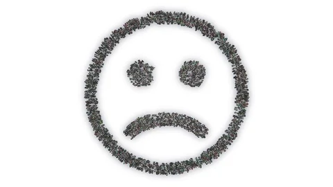Crowd animation forming a sad face emoticon shape on a white background 스톡 동영상 93612185