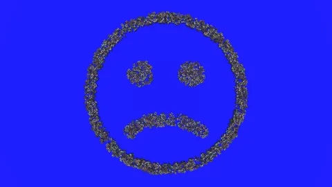 Crowd animation forming a sad face emoticon shape on a blue background 스톡 동영상 93688558
