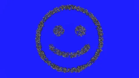 Crowd animation forming a smiling face emoticon shape on a blue background 스톡 동영상 93649448