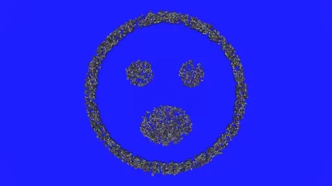 Crowd animation forming a surprised face emoticon shape on a blue background 스톡 동영상 93650043