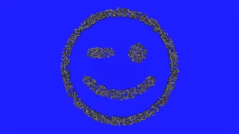 Crowd animation forming a winking face emoticon shape on a blue background 스톡 동영상 93689177