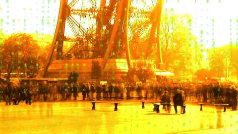 Crowd arriving, expanding, strolling amid scrolling binary code showing data at Stock-Footage 313703858