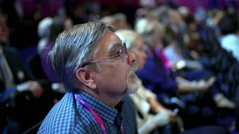 Crowd audience forum listen speaker. Auditorium viewer group business men. Stock Footage 139316843