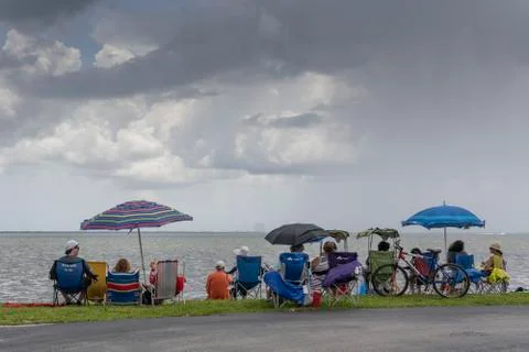 Crowd awaits launch of SpaceX's Falcon 9 Titusville, Florida USA May 27 2020 Stock Photos