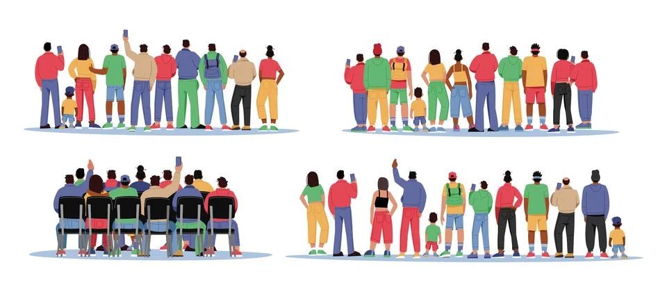 Crowd back. Audience characters. Group of persons on event. Spectators sittin Illustrazione stock
