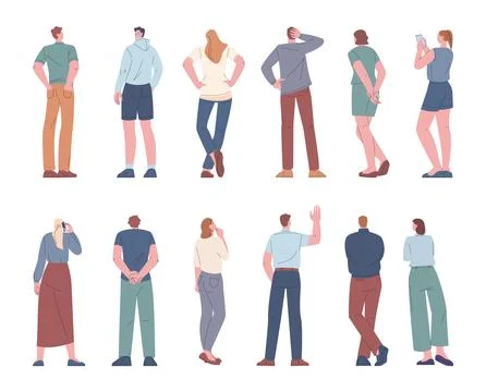 Crowd back stand people, flat standing human group. Workers different, rear view Stock Illustration