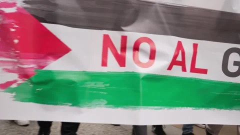 Crowd with banner protesting against the Palestinian genocide in Gaza_2 스톡 동영상 254367134