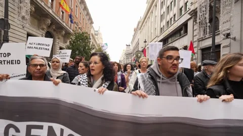 Crowd with banner protesting against the Palestinian genocide in Gaza_3 Stock Footage 254367614