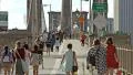 Crowd Brooklyn Bridge people pedestrians walking crowded New York City NYC day 4k or 4k+ Resolution