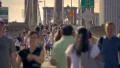 Crowd Brooklyn Bridge people walking crowded bicycles New York City NYC day 4k or 4k+ Resolution