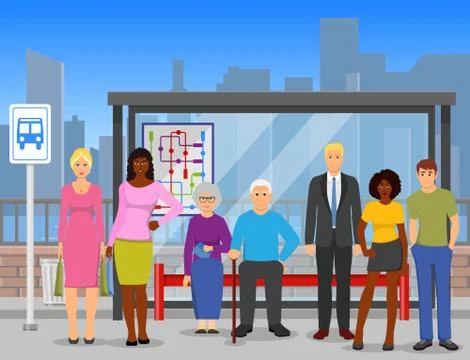 Crowd bus stop flat composition poster Stock Illustration
