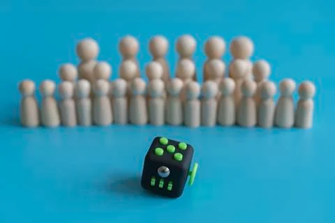Crowd calm concept. answer how to calm the crowd. Cube stress reliever and wo Stock Photos