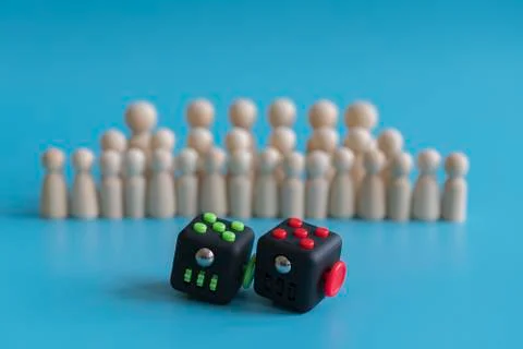 Crowd calm concept. answer how to calm the crowd. Cube stress reliever and wo Stock Photos