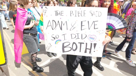 From the crowd at Cambridge Pride, flags and signs - Trans and Bi Pride Stock Footage 338016483