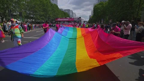 Crowd Carrying Giant Rainbow Flag During Pride March Stock Footage 340504540