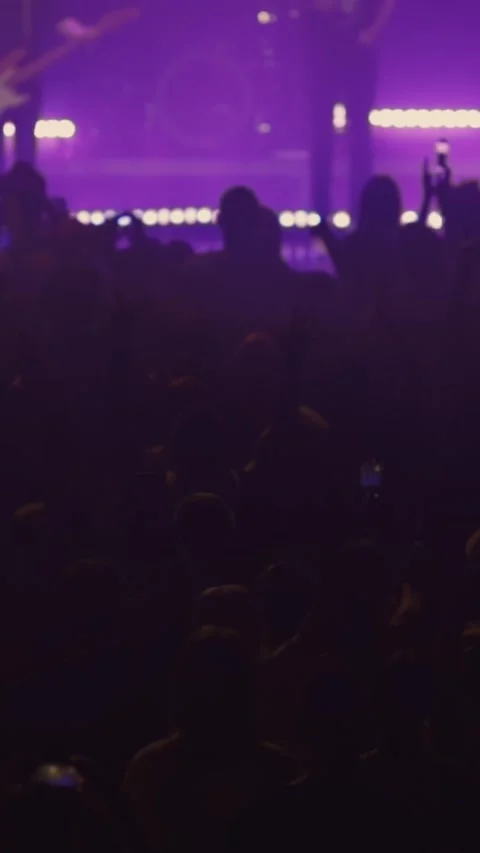 Crowd cheering and clapping at music concert with purple lighting Stock Footage 330103386