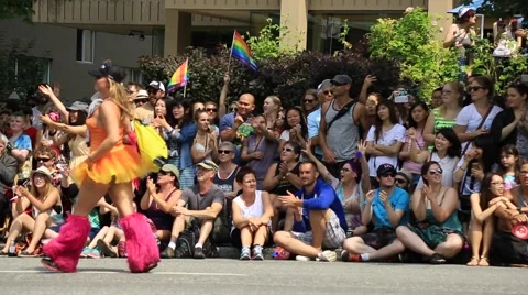 Crowd cheering Pride parade participants Stock Footage 53007950