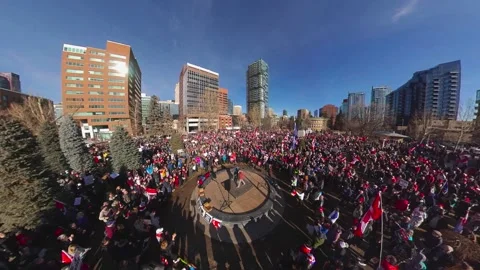 Crowd cheering Pull out Calgary Protest 12th Feb 2022 Stock Footage 170526378