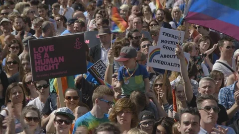 Crowd Clapping and cheering at March for Marriage Equality, Belfast UK, HD Stock Footage 119969281