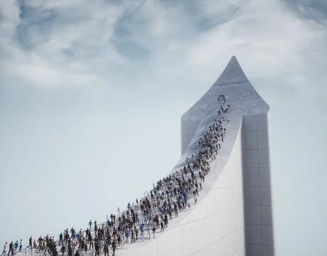 A crowd climbing upward on a large arrow together. Illustrazione stock