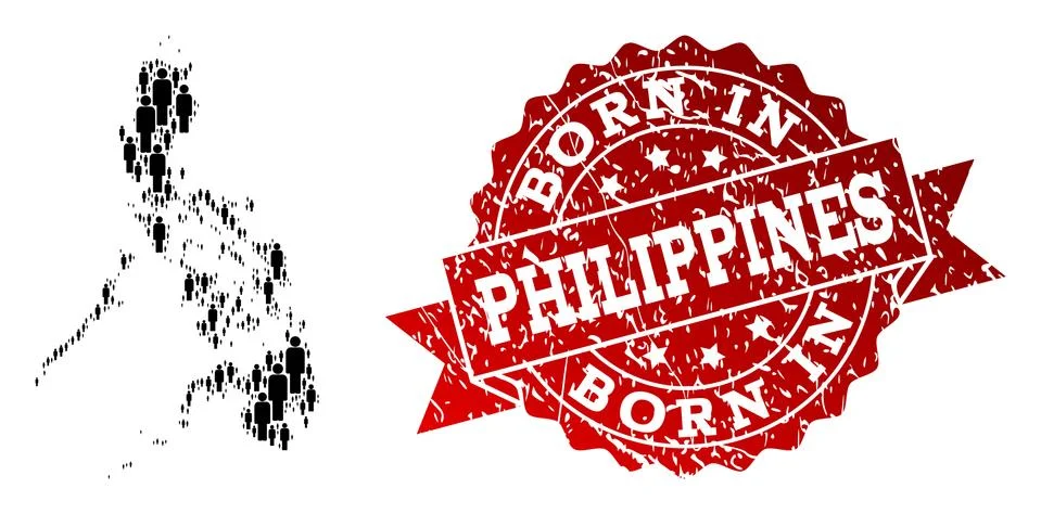 Crowd Collage of Mosaic Map of Philippines and Grunge Born In Seal Stock Illustration