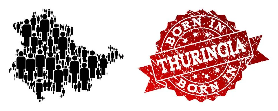 Crowd Collage of Mosaic Map of Thuringia State and Scratched Born In Stamp Illustrazione stock