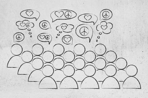 Crowd with comic bubbles talking about peace and love Stock Photos