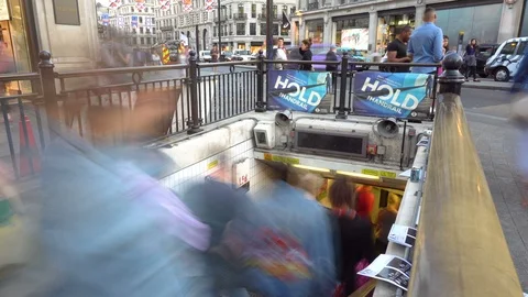 Crowd of Commuters Walking Down Stairs and Entering Tube Station Time Lapse Stock Footage 96741266