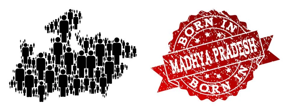 Crowd Composition of Mosaic Map of Madhya Pradesh State and Textured Born In Stock Illustration